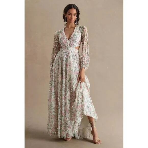 NEW NWT Mac Duggal Floral Sequined Cut Out Lace Up Gown A93746 Size 4 - Picture 1 of 15